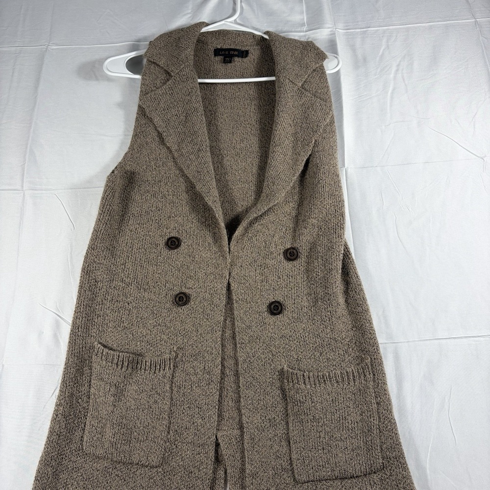 Love Tree Womens Medium Hooded Long Sweater Vest Taupe Knit Duster Cardigan